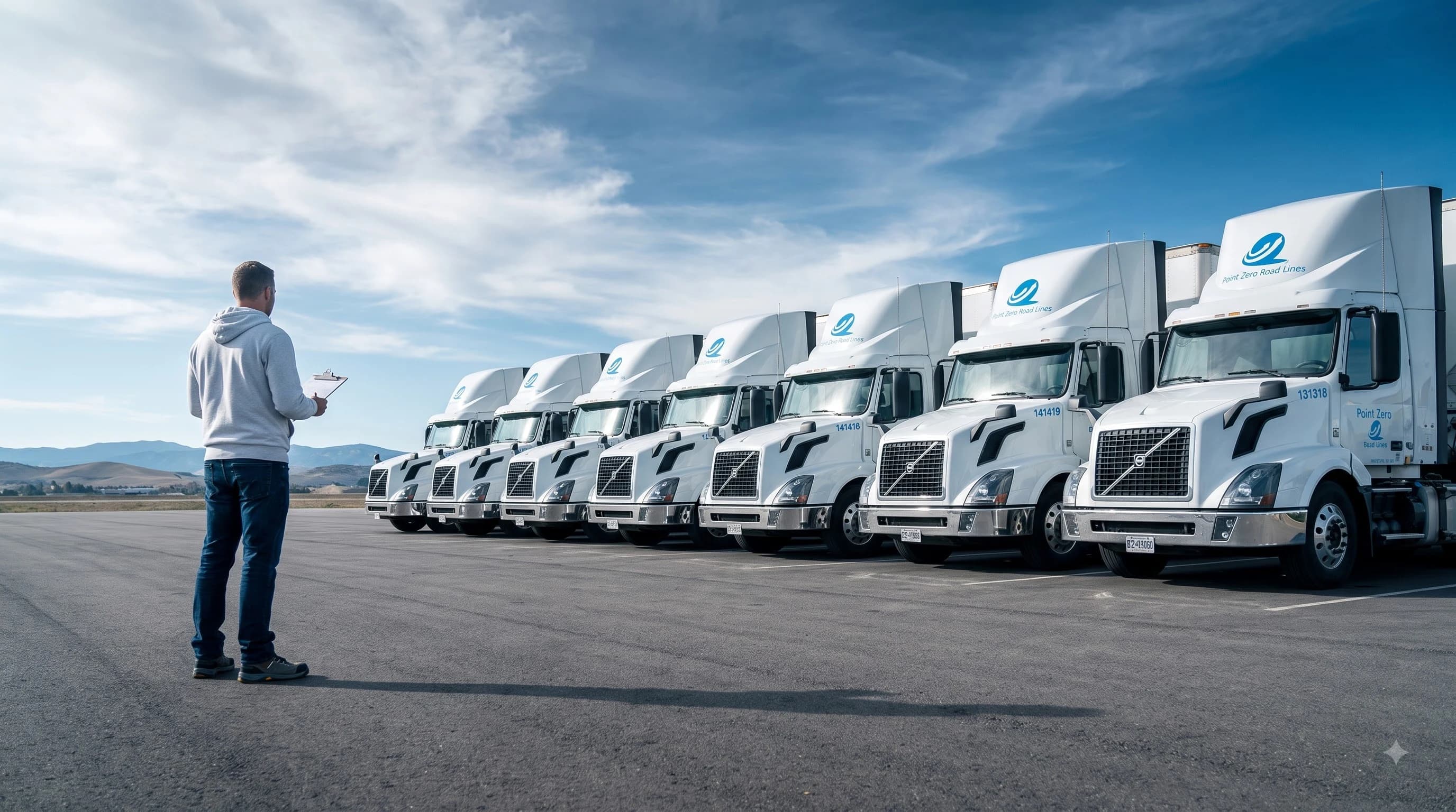 Point Zero Road Lines fleet manager inspecting transport trucks